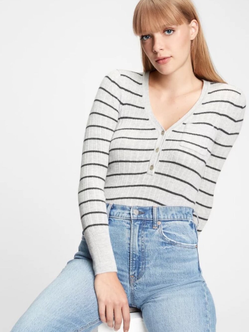 Vintage Style GAP Heather Grey Striped V-Neck Henley Ribbed Knit Sweater Size XS